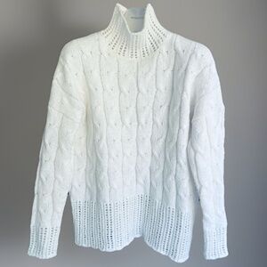 Kersh Women Openwork  Cable Кnit Turtleneck White Sweater Oversized Size XS